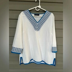 Jones New York Embroidered V Neck Linen 3/4 Sleeves Sz L